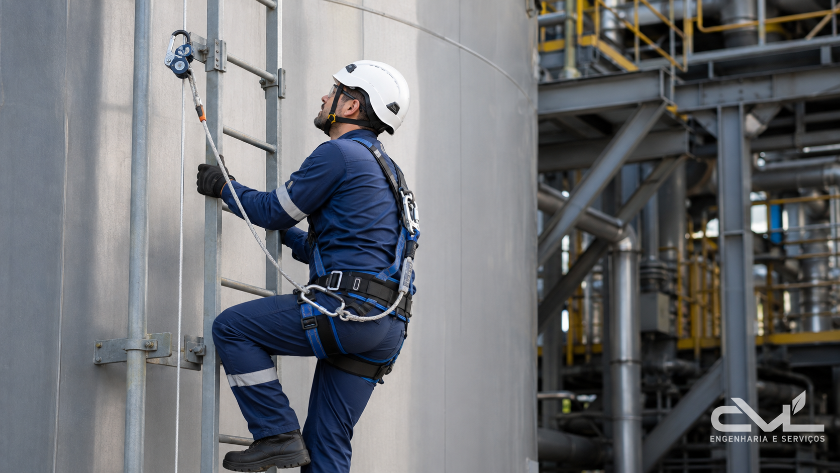 Trabalhador utilizando escada fixa vertical com sistema de proteção contra quedas conforme a NR-35